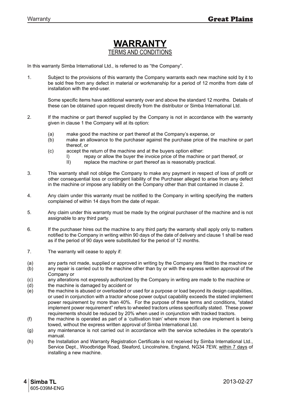 Warranty, Terms and conditions | Great Plains TL350 Operator Manual User Manual | Page 4 / 32