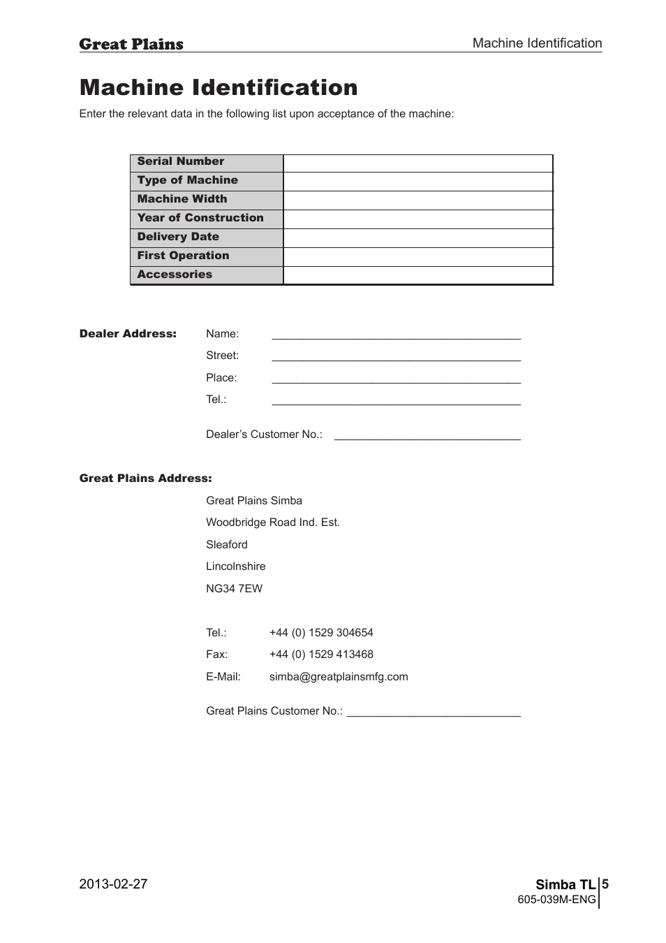 Machine identification | Great Plains TL350 Operator Manual User Manual | Page 5 / 32