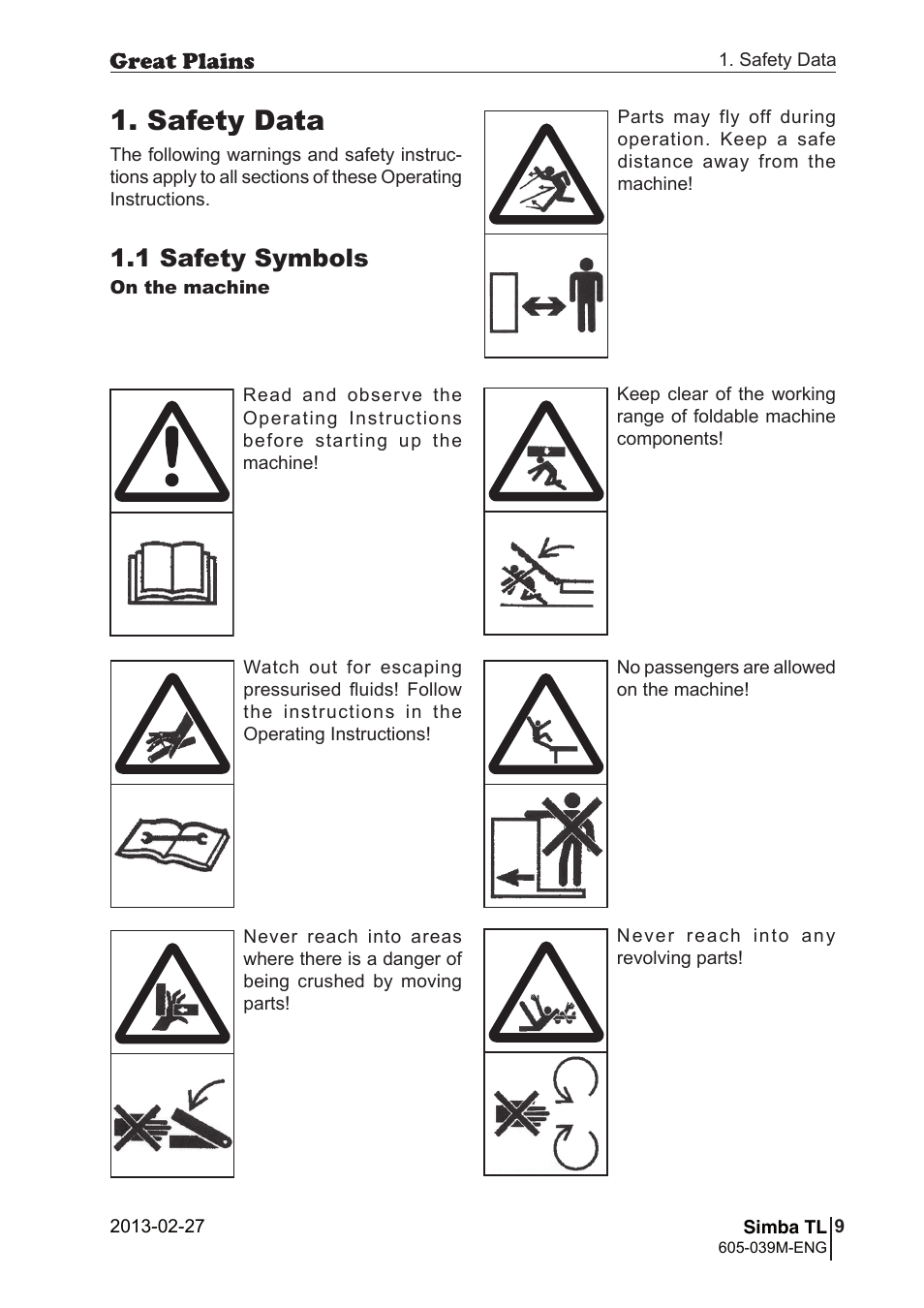 Safety data, 1 safety symbols | Great Plains TL350 Operator Manual User Manual | Page 9 / 32