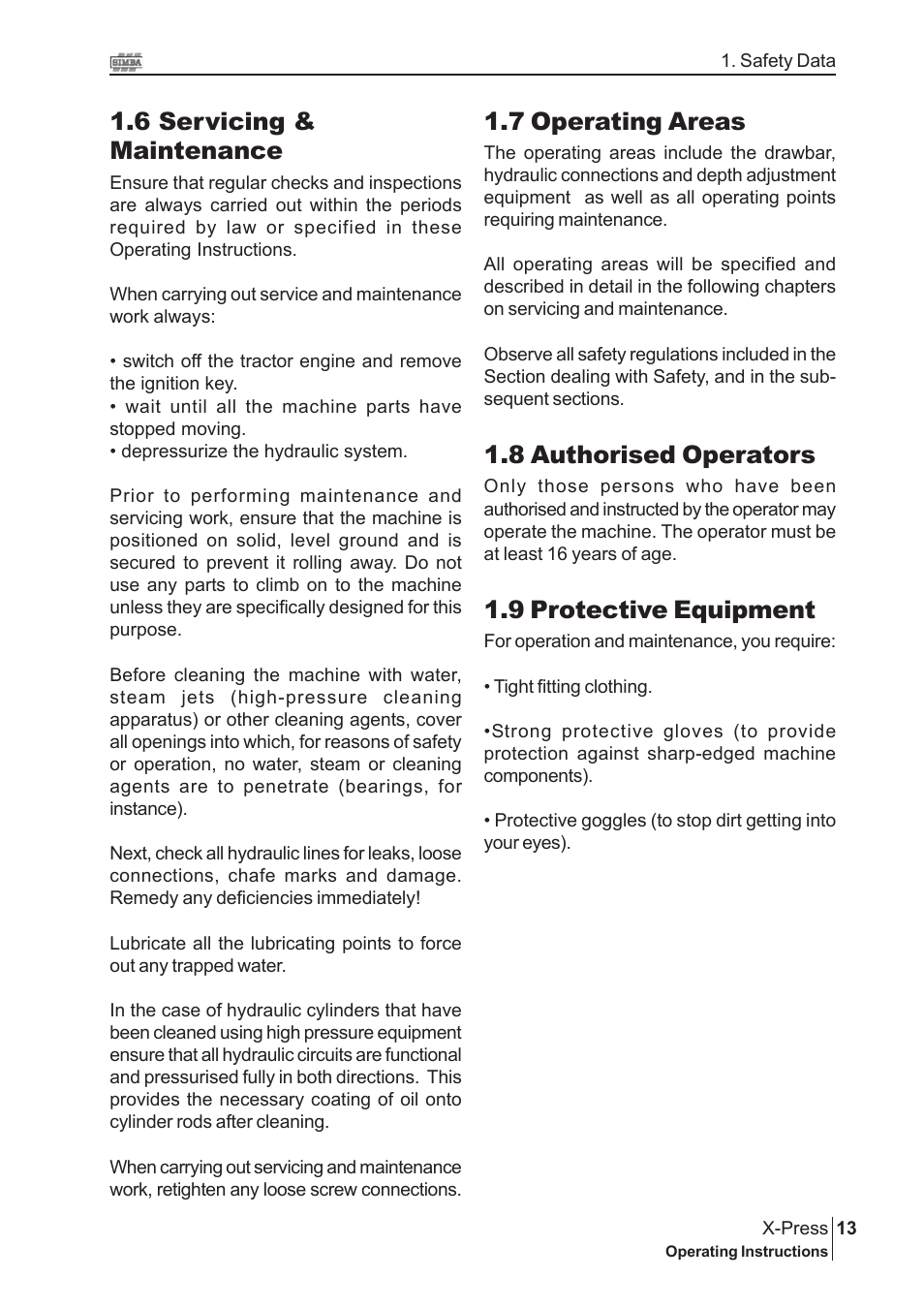 6 servicing & maintenance, 7 operating areas, 8 authorised operators | 9 protective equipment | Great Plains P14174 Serial No 12213 User Manual | Page 13 / 34