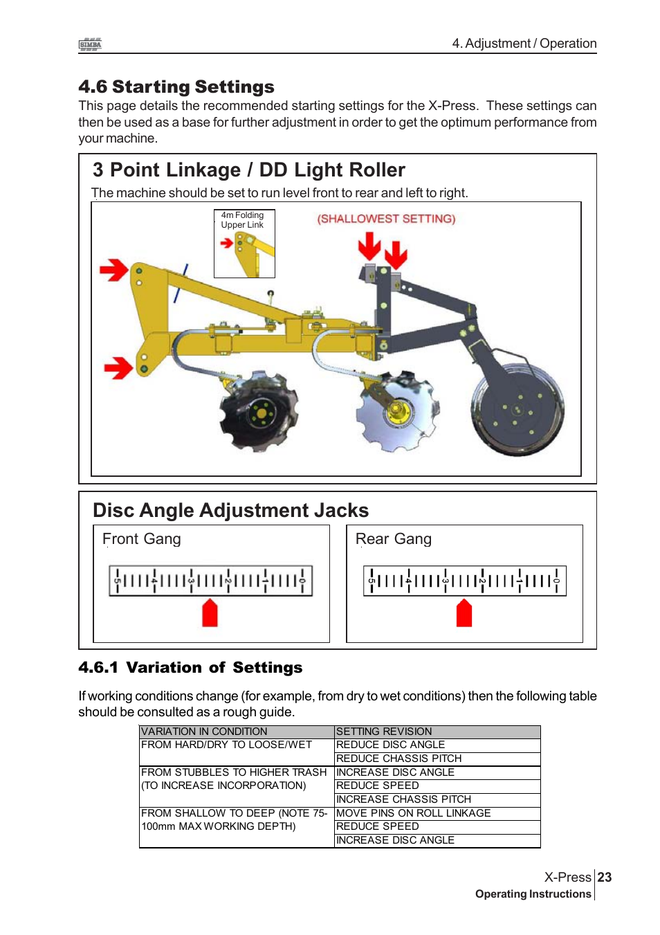 Disc angle adjustment jacks, 3 point linkage / dd light roller, 6 starting settings | Great Plains P14174 Serial No 12213 User Manual | Page 23 / 34