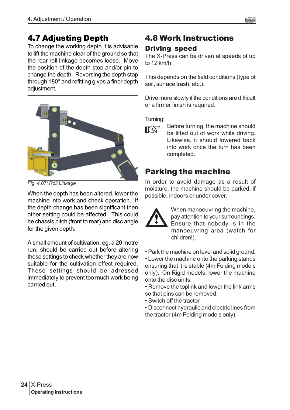 8 work instructions, Parking the machine, 7 adjusting depth | Great Plains P14174 Serial No 12213 User Manual | Page 24 / 34