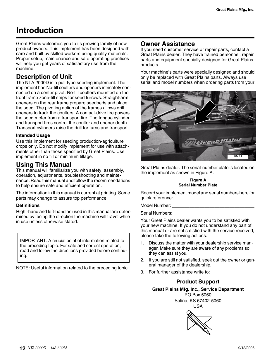 Introduction, Definitions, Owner assistance | Description of unit, Using this manual | Great Plains NTA2000D Operator Manual User Manual | Page 14 / 81