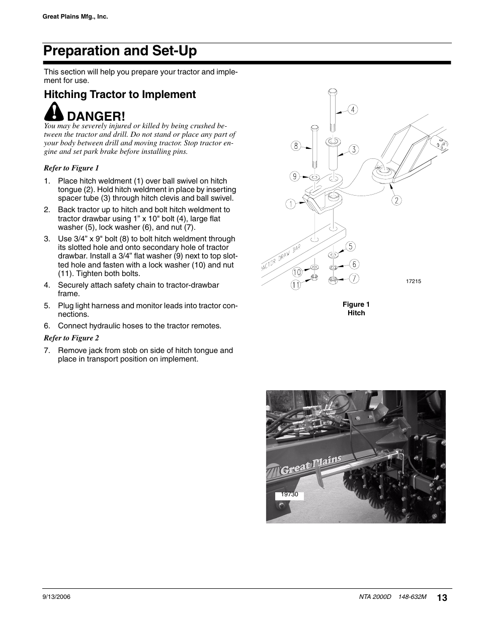 Preparation and set-up, Hitching tractor to implement, Danger | Great Plains NTA2000D Operator Manual User Manual | Page 15 / 81