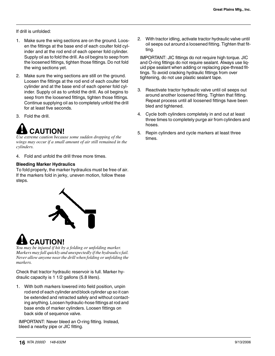 Bleeding marker hydraulics, Caution | Great Plains NTA2000D Operator Manual User Manual | Page 18 / 81
