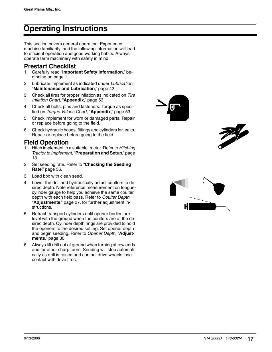 Operating instructions, Prestart checklist field operation, Prestart checklist | Field operation | Great Plains NTA2000D Operator Manual User Manual | Page 19 / 81