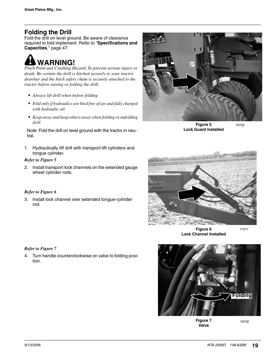 Folding the drill, Warning | Great Plains NTA2000D Operator Manual User Manual | Page 21 / 81