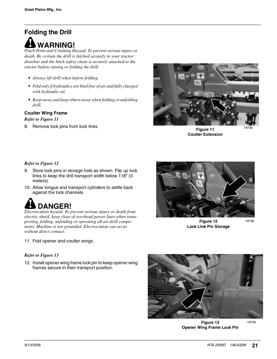 Warning, Danger, Folding the drill | Great Plains NTA2000D Operator Manual User Manual | Page 23 / 81