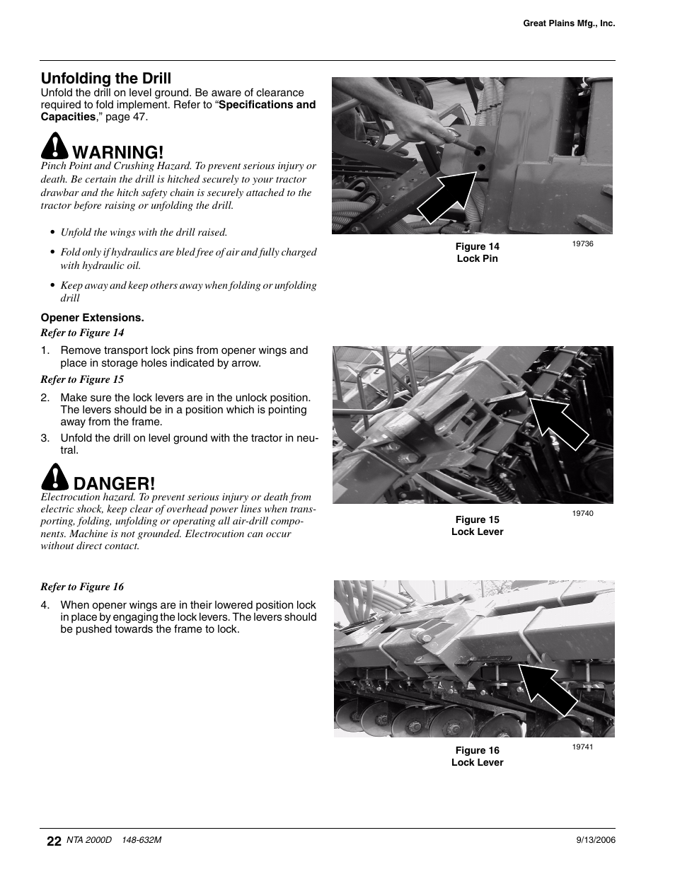 Unfolding the drill, Warning, Danger | Great Plains NTA2000D Operator Manual User Manual | Page 24 / 81