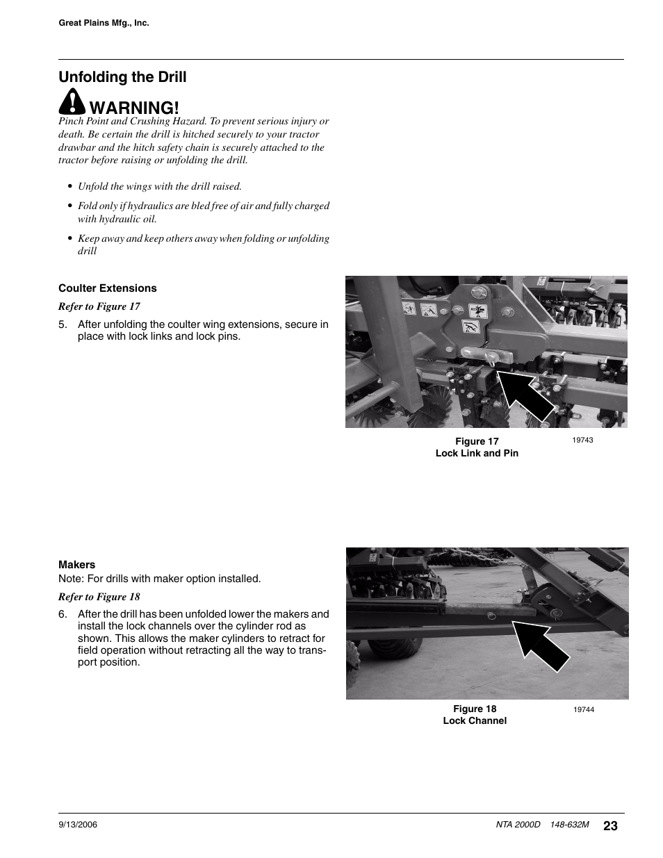 Warning, Unfolding the drill | Great Plains NTA2000D Operator Manual User Manual | Page 25 / 81