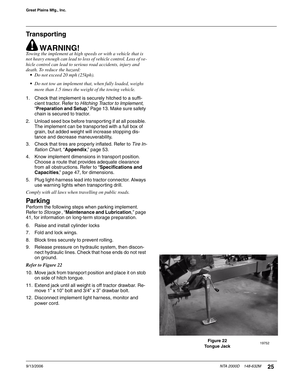 Transporting parking, Warning, Transporting | Parking | Great Plains NTA2000D Operator Manual User Manual | Page 27 / 81