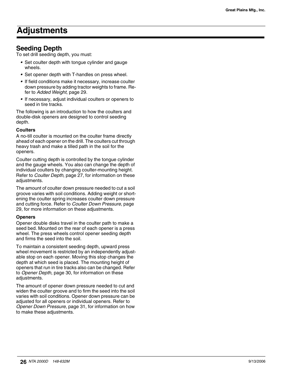 Adjustments, Seeding depth, Coulters openers | Great Plains NTA2000D Operator Manual User Manual | Page 28 / 81