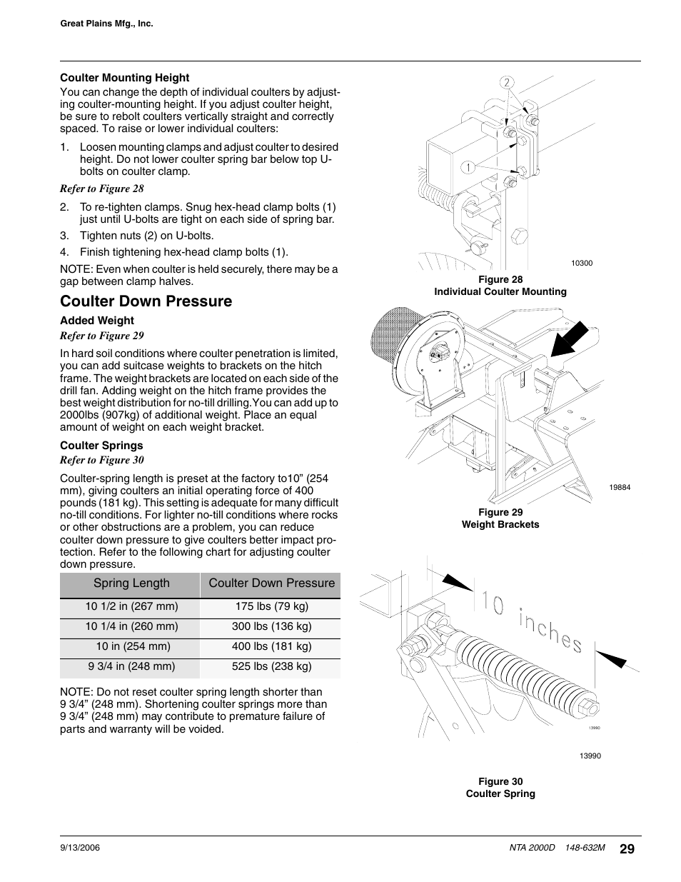 Coulter mounting height, Coulter down pressure, Added weight coulter springs | Great Plains NTA2000D Operator Manual User Manual | Page 31 / 81