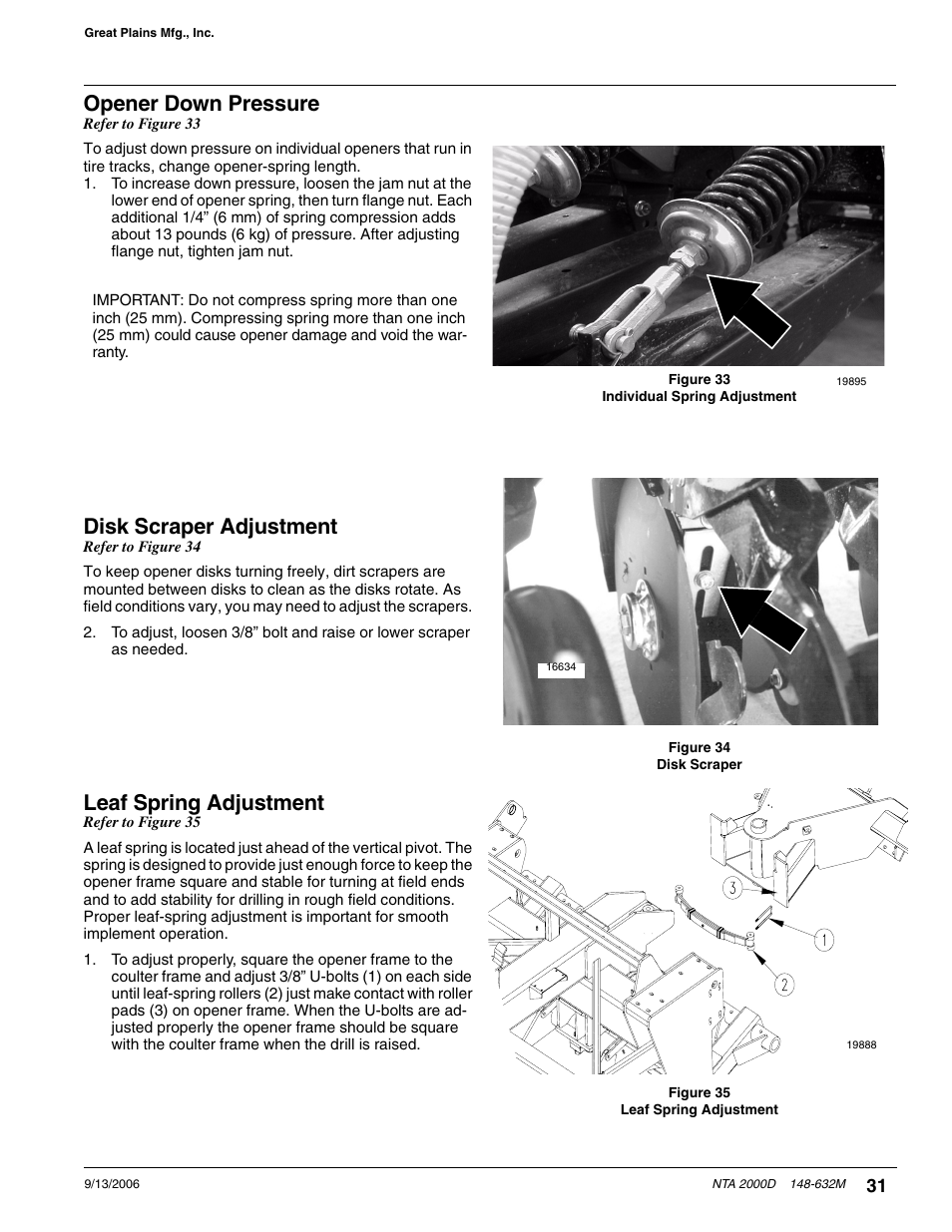 Opener down pressure, Disk scraper adjustment, Leaf spring adjustment | Great Plains NTA2000D Operator Manual User Manual | Page 33 / 81