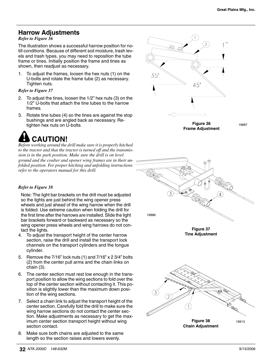 Harrow adjustments, Caution | Great Plains NTA2000D Operator Manual User Manual | Page 34 / 81