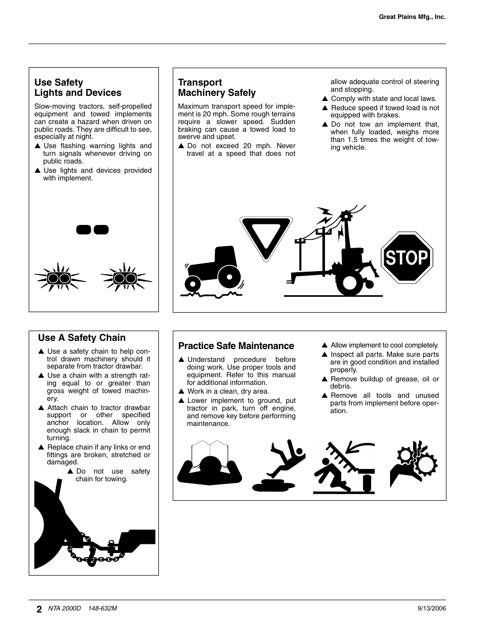 Transport machinery safely, Use safety lights and devices, Practice safe maintenance | Use a safety chain | Great Plains NTA2000D Operator Manual User Manual | Page 4 / 81
