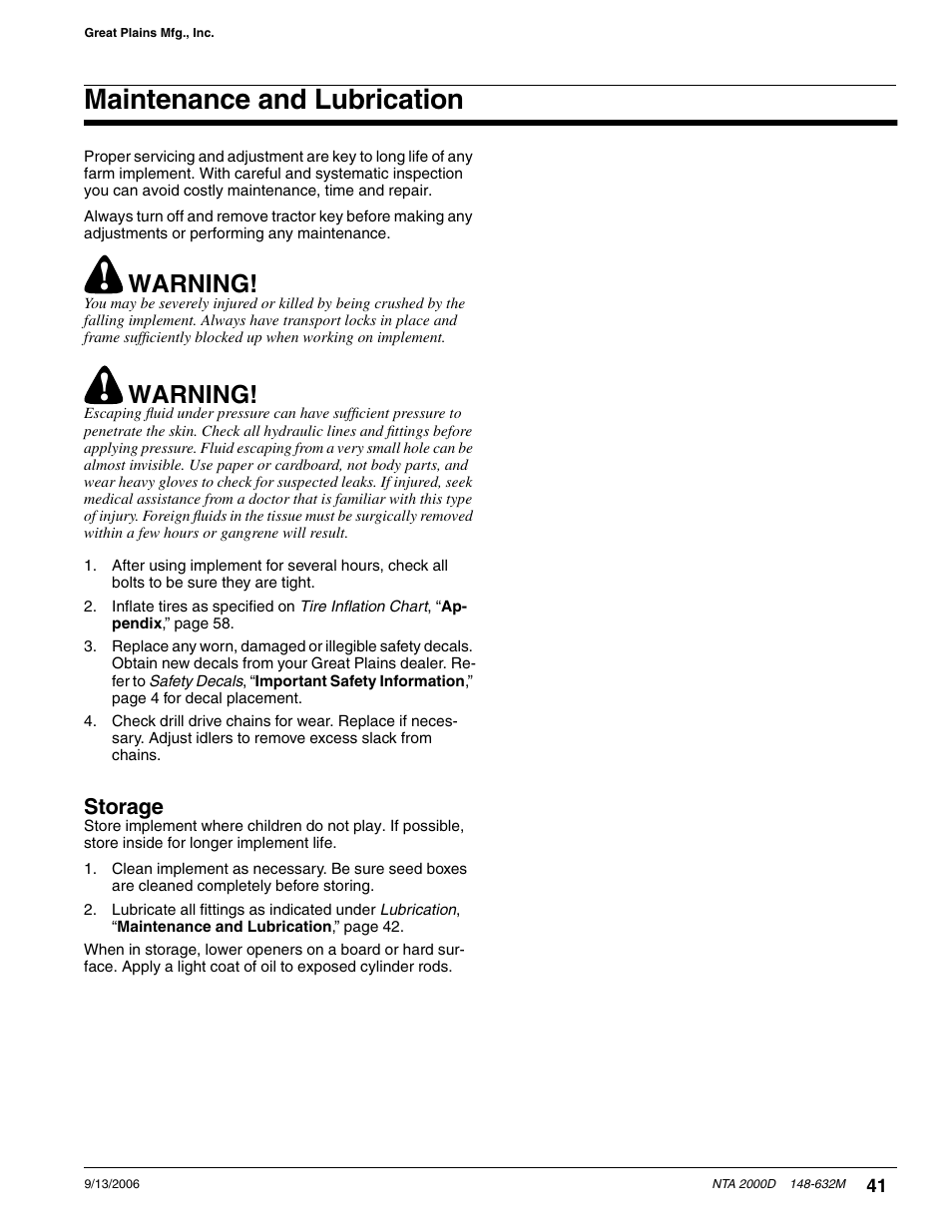 Maintenance and lubrication, Storage, Warning | Great Plains NTA2000D Operator Manual User Manual | Page 61 / 81