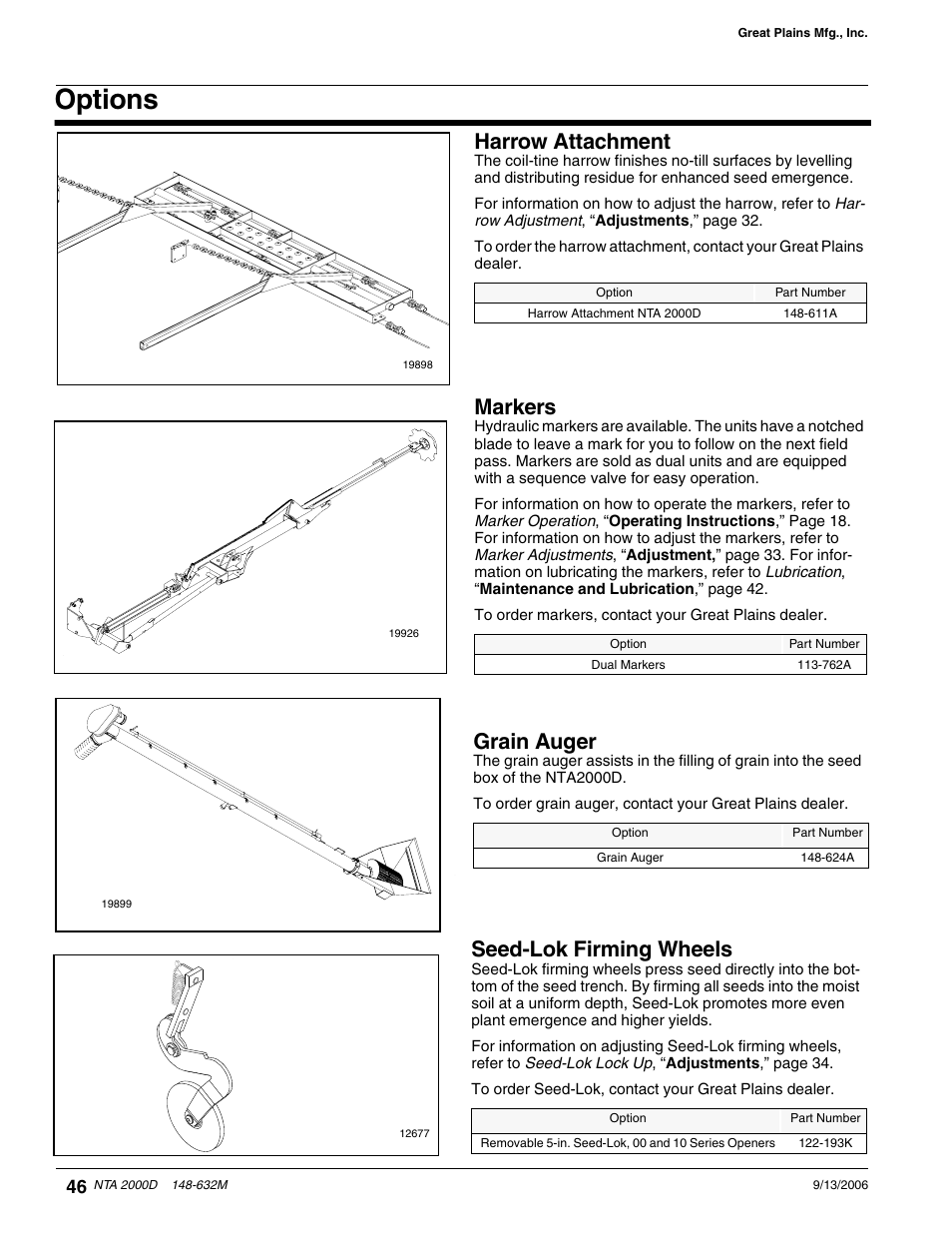 Options, Markers, Harrow attachment | Seed-lok firming wheels, Grain auger | Great Plains NTA2000D Operator Manual User Manual | Page 66 / 81