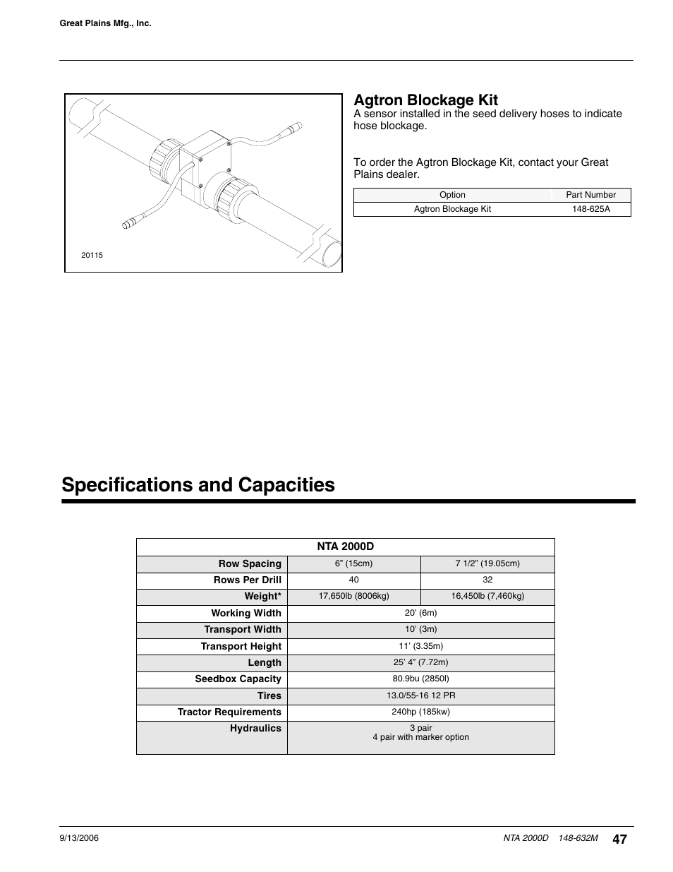 Specifications and capacities, Agtron blockage kit | Great Plains NTA2000D Operator Manual User Manual | Page 67 / 81