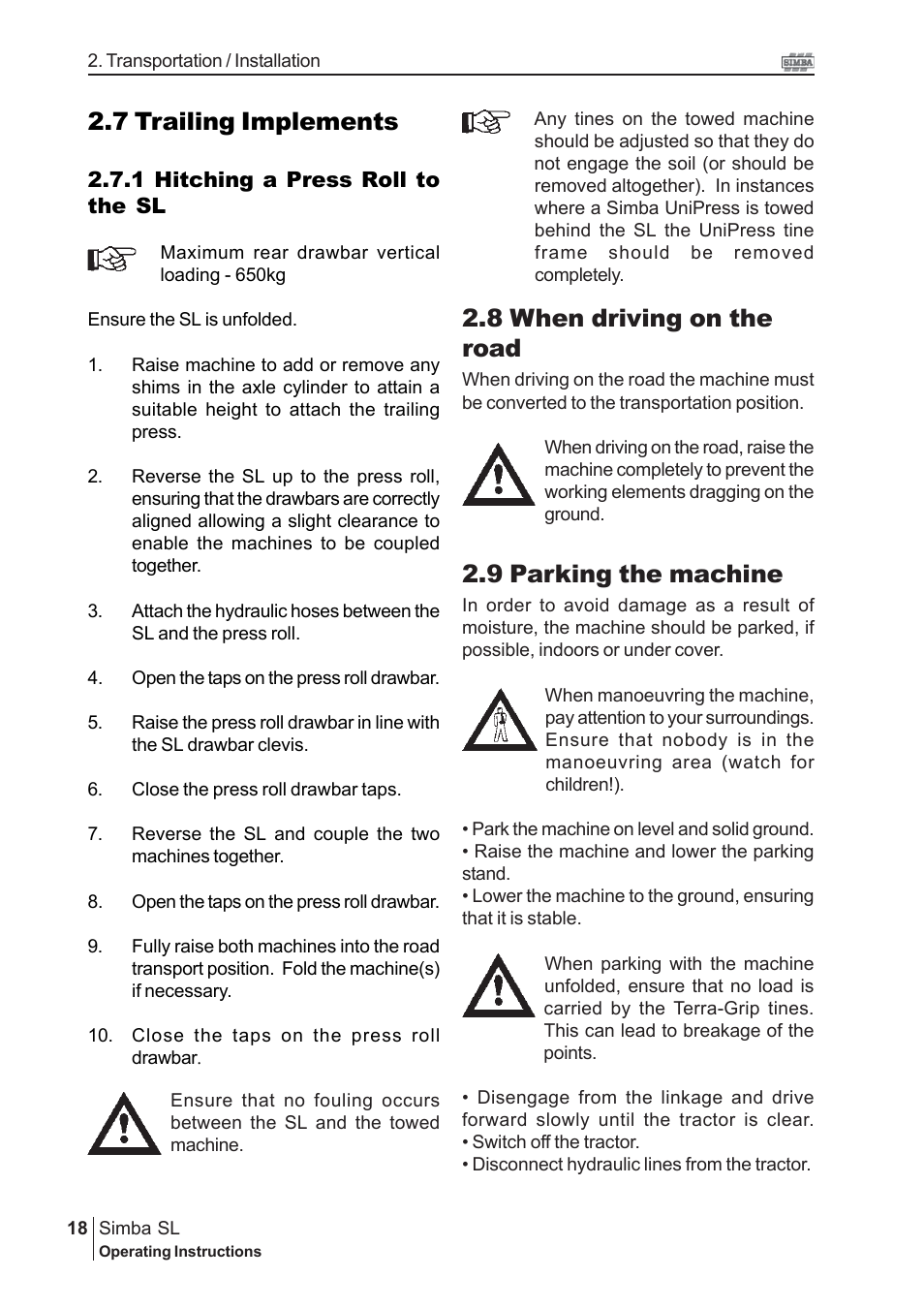 7 trailing implements, 8 when driving on the road, 9 parking the machine | Great Plains P16843 Serial No 18009001 User Manual | Page 18 / 34