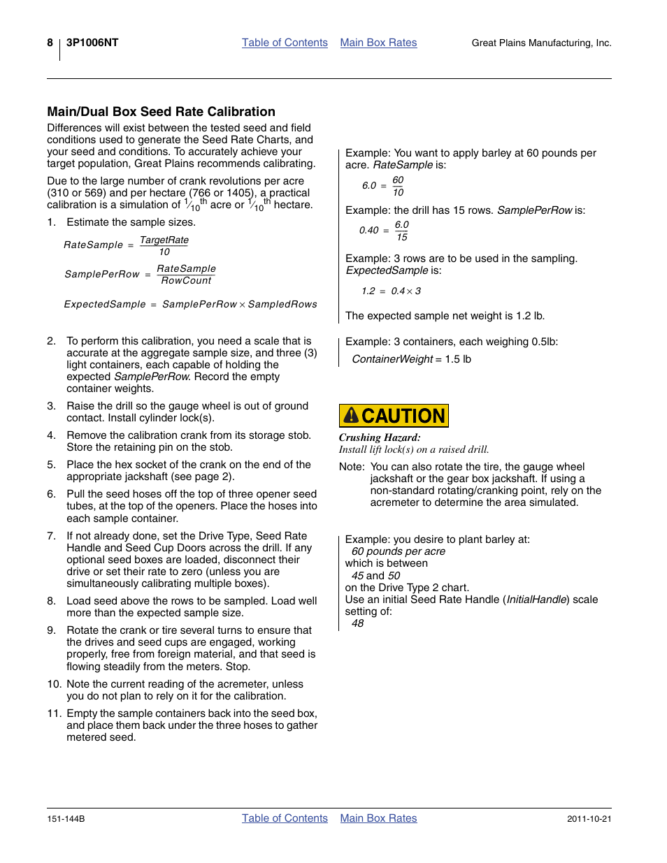 Main/dual box seed rate calibration | Great Plains 3P1006NT Material Rate User Manual | Page 10 / 50