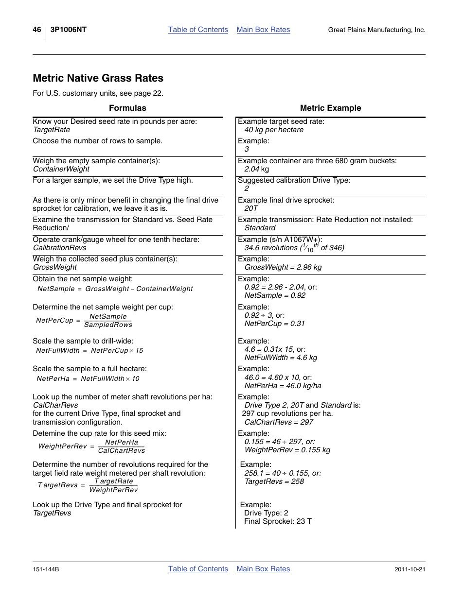 Metric native grass rates | Great Plains 3P1006NT Material Rate User Manual | Page 48 / 50