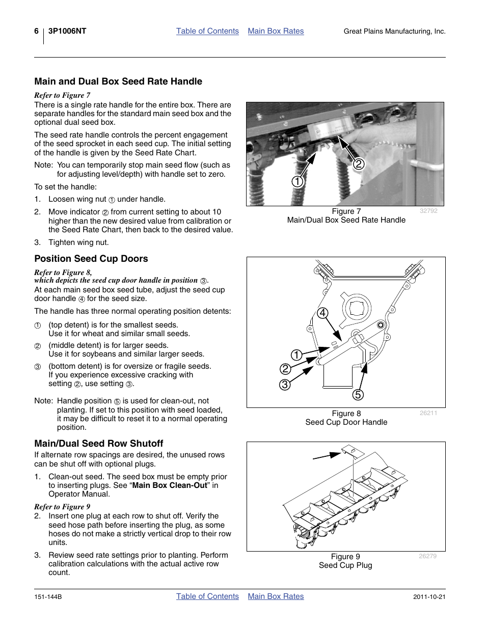 Main and dual box seed rate handle, Position seed cup doors, Main/dual seed row shutoff | Great Plains 3P1006NT Material Rate User Manual | Page 8 / 50