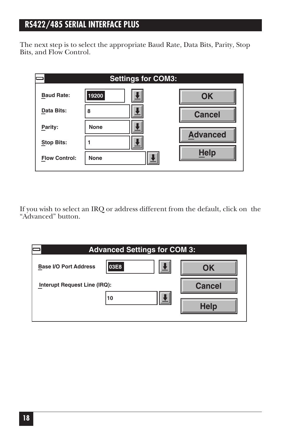 Ok cancel help, Advanced help ok cancel | Black Box IC171C User Manual | Page 23 / 30