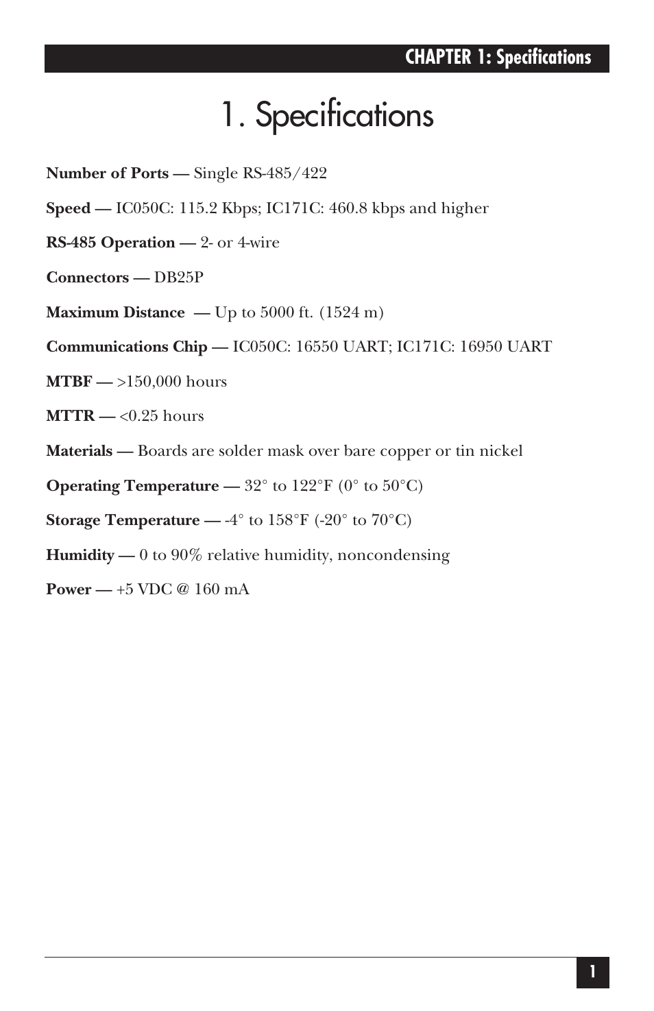Specifications | Black Box IC171C User Manual | Page 6 / 30