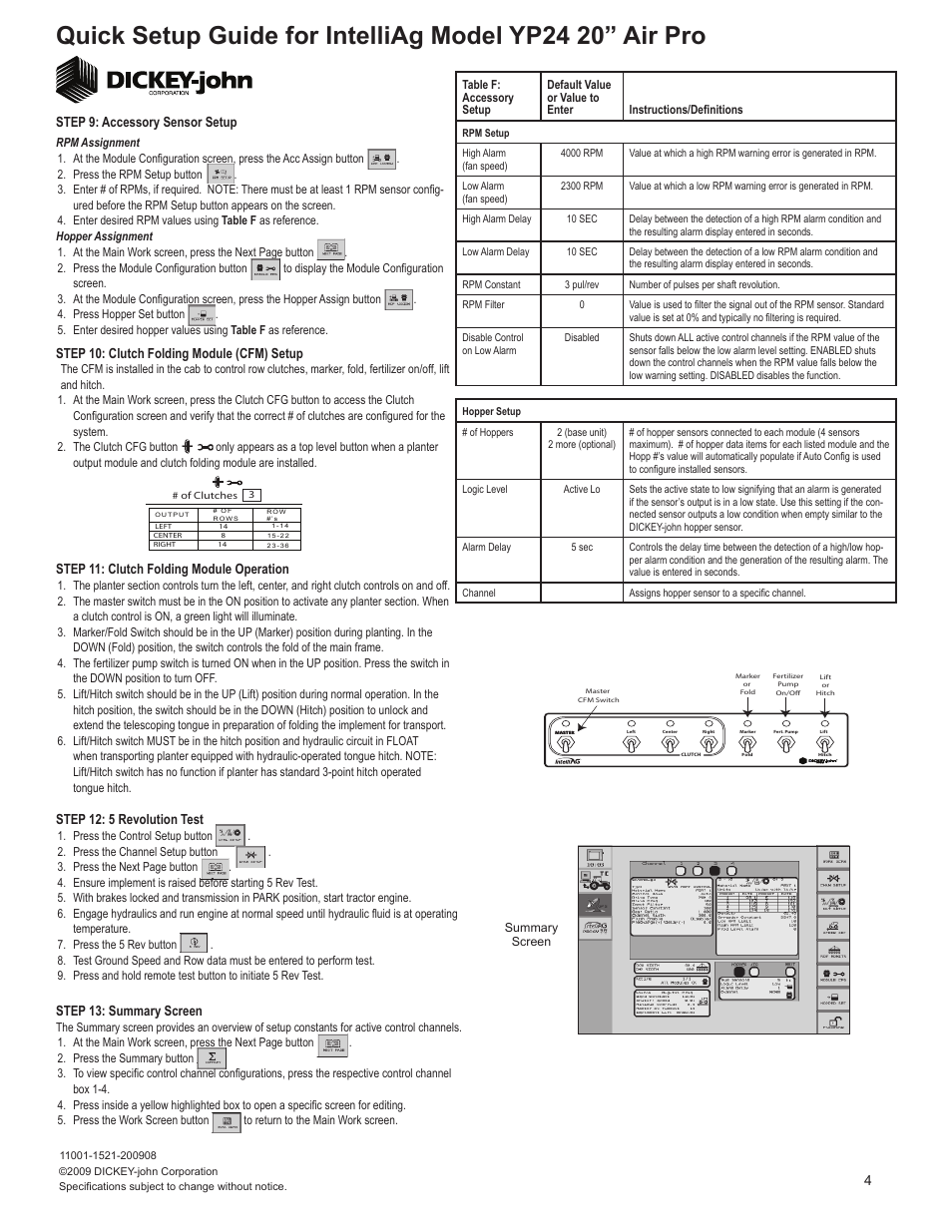 Step 10: clutch folding module (cfm) setup, Step 11: clutch folding module operation, Step 12: 5 revolution test | Step 13: summary screen, Step 9: accessory sensor setup | Great Plains YP2425A-3620 36 Row 20-Inch Quick Start User Manual | Page 4 / 5
