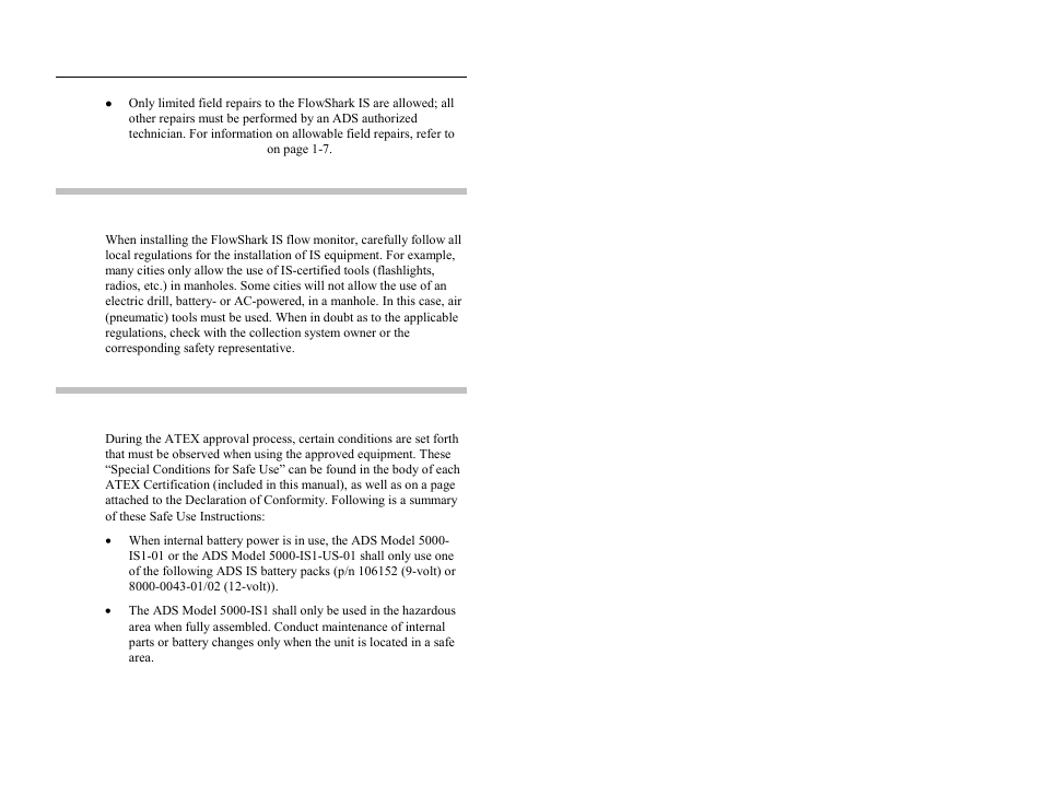 Installation and is considerations, Special conditions for safe use | ADS Environmental Services FlowShark QR 775003 A2 User Manual | Page 11 / 236