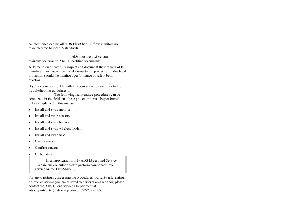 Maintenance restrictions | ADS Environmental Services FlowShark QR 775003 A2 User Manual | Page 13 / 236