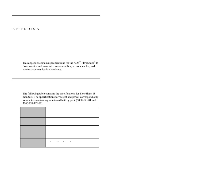 A p p e n d i x a specifications, Specifications | ADS Environmental Services FlowShark QR 775003 A2 User Manual | Page 217 / 236