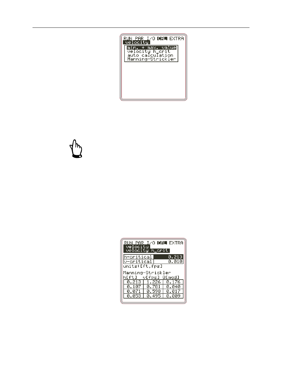 Min. + max. value, Velocity h_crit | ADS Environmental Services FlowShark Pulse QR 775004 A1 User Manual | Page 160 / 186