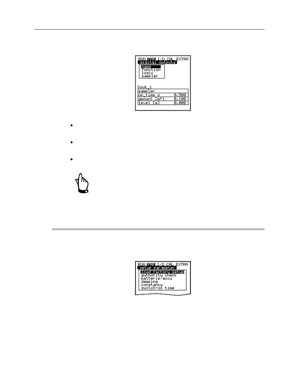Sampling, Par: setup parameter, Load factory setup | ADS Environmental Services Portable FlowShark Pulse QR 775006 A2 User Manual | Page 136 / 209
