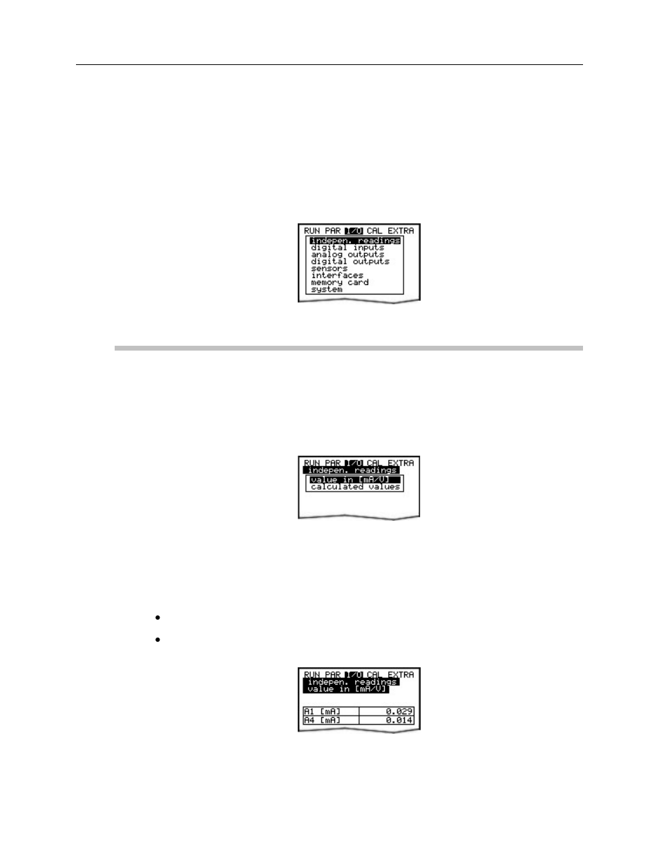 Signal input/output menu (i/o), I/o: independent readings, Value in ma/v | ADS Environmental Services Portable FlowShark Pulse QR 775006 A2 User Manual | Page 147 / 209