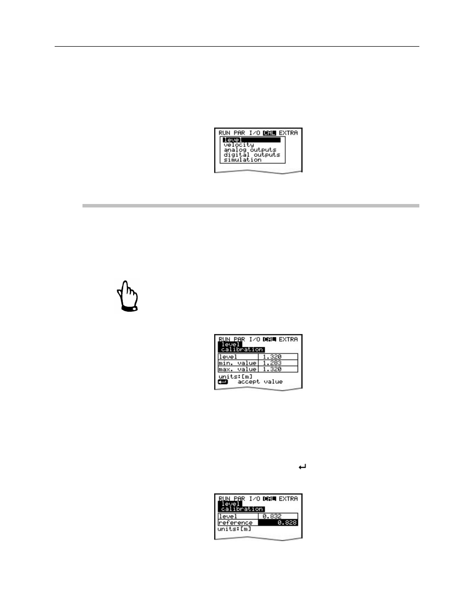 Calibration and calculation menu (cal), Cal: level | ADS Environmental Services Portable FlowShark Pulse QR 775006 A2 User Manual | Page 156 / 209