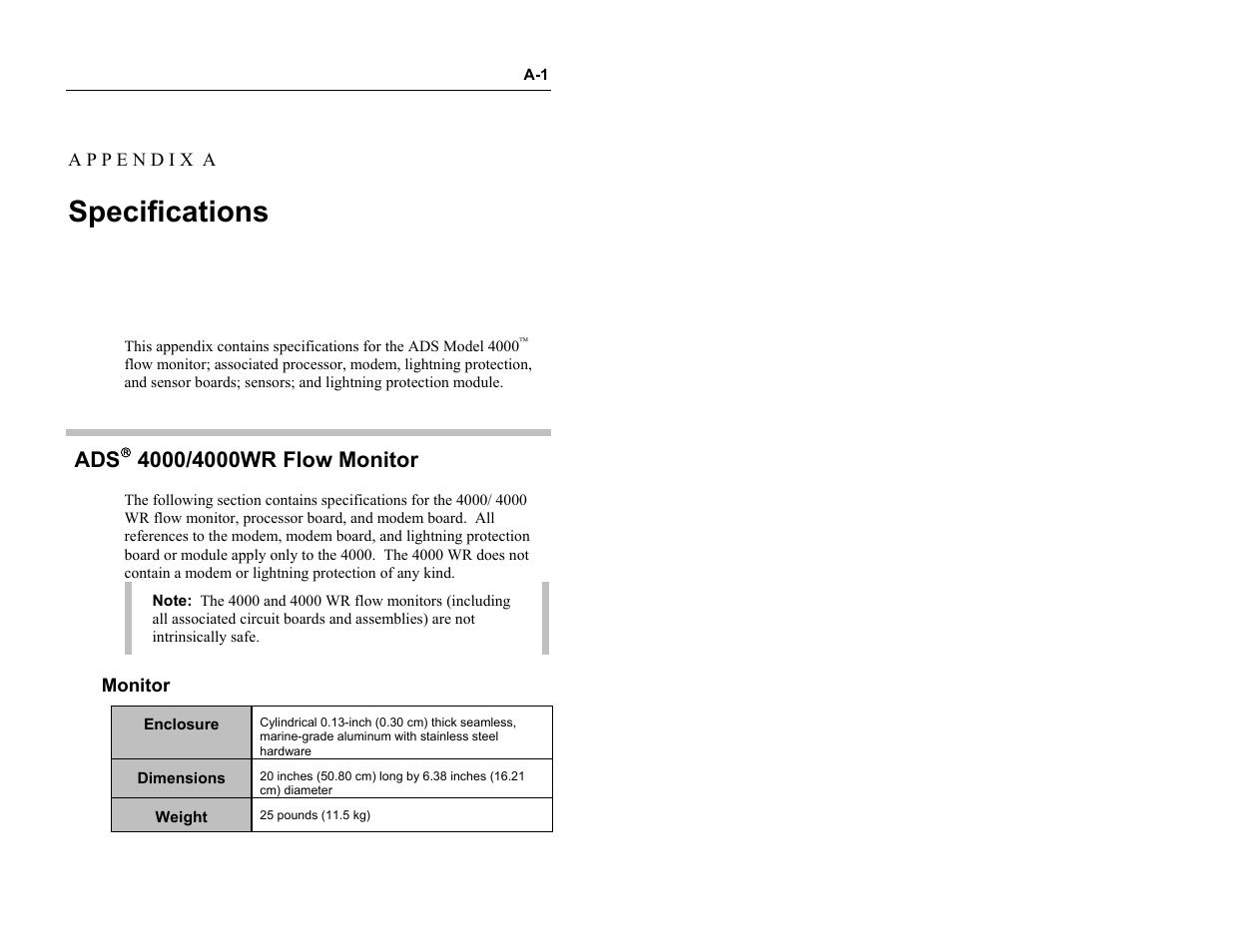 Specifications, Ads( 4000/4000wr flow monitor, Monitor | ADS Environmental Services Model 4000 530017 A0 User Manual | Page 109 / 125