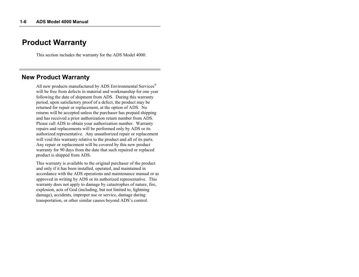 Product warranty, New product warranty | ADS Environmental Services Model 4000 530017 A0 User Manual | Page 11 / 125
