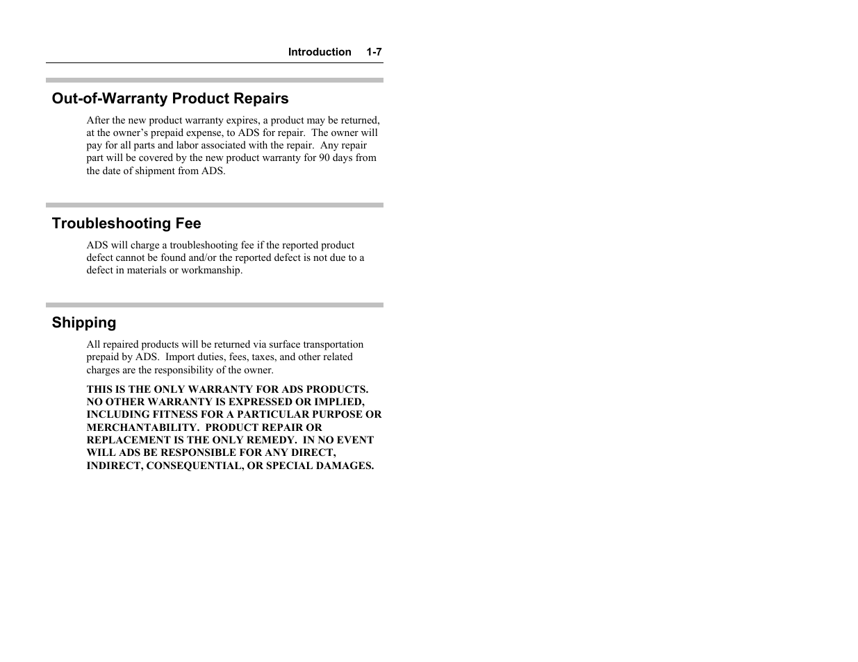 Out-of-warranty product repairs, Troubleshooting fee, Shipping | ADS Environmental Services Model 4000 530017 A0 User Manual | Page 12 / 125