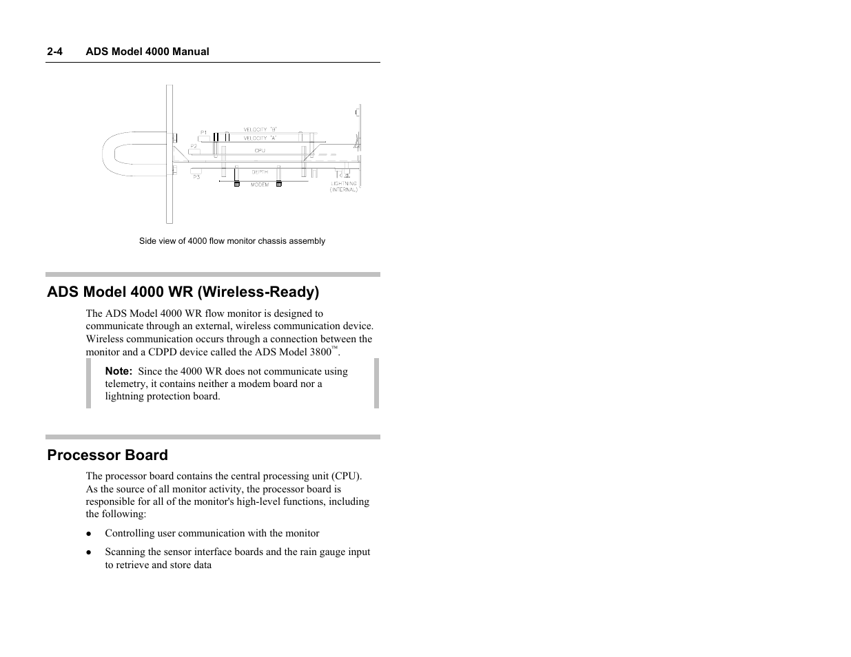 Ads model 4000 wr (wireless-ready), Processor board | ADS Environmental Services Model 4000 530017 A0 User Manual | Page 16 / 125