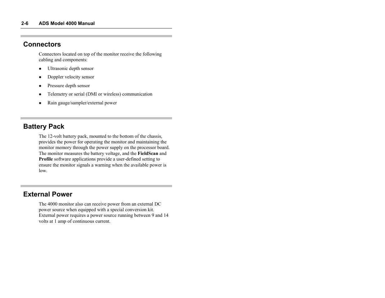 Connectors, Battery pack, External power | ADS Environmental Services Model 4000 530017 A0 User Manual | Page 18 / 125