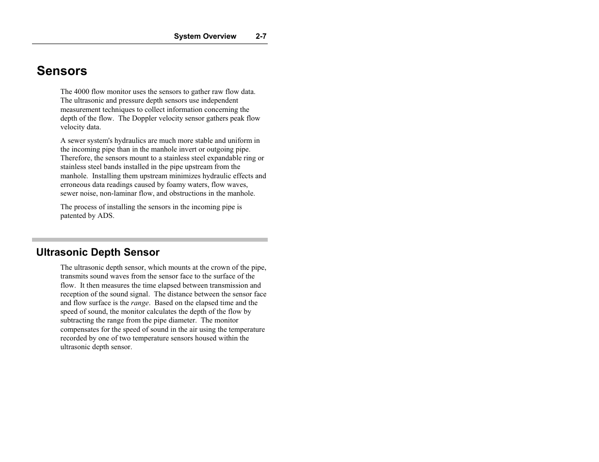 Sensors, Ultrasonic depth sensor | ADS Environmental Services Model 4000 530017 A0 User Manual | Page 19 / 125