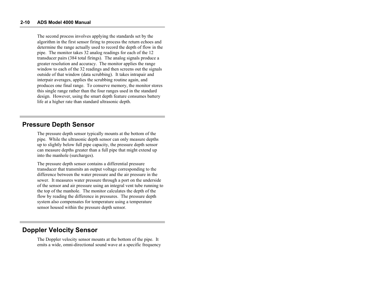 Pressure depth sensor, Doppler velocity sensor | ADS Environmental Services Model 4000 530017 A0 User Manual | Page 22 / 125