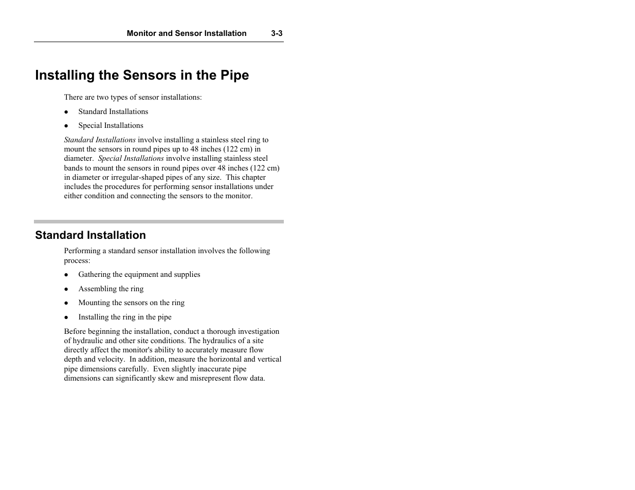 Installing the sensors in the pipe, Standard installation | ADS Environmental Services Model 4000 530017 A0 User Manual | Page 26 / 125