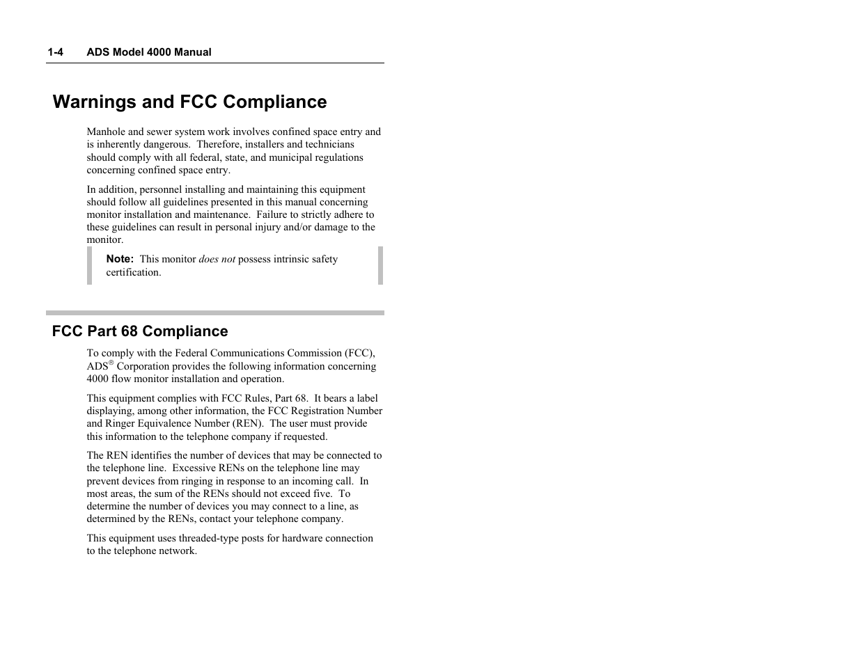 Warnings and fcc compliance, Fcc part 68 compliance | ADS Environmental Services Model 4000 530017 A0 User Manual | Page 9 / 125