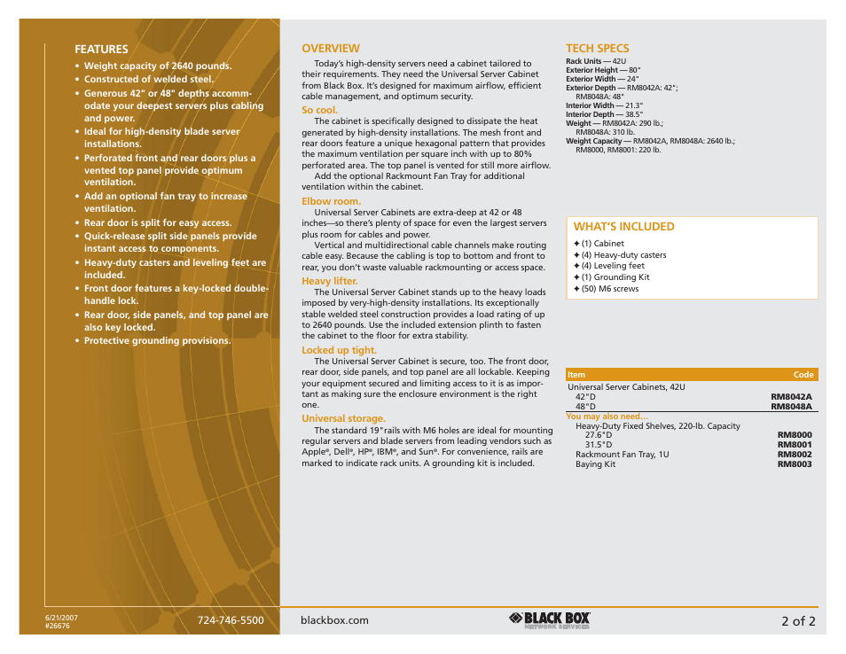 2 of 2, Features, Tech specs | Overview, What‘s included | Black Box Universal Server Cabinet User Manual | Page 2 / 2