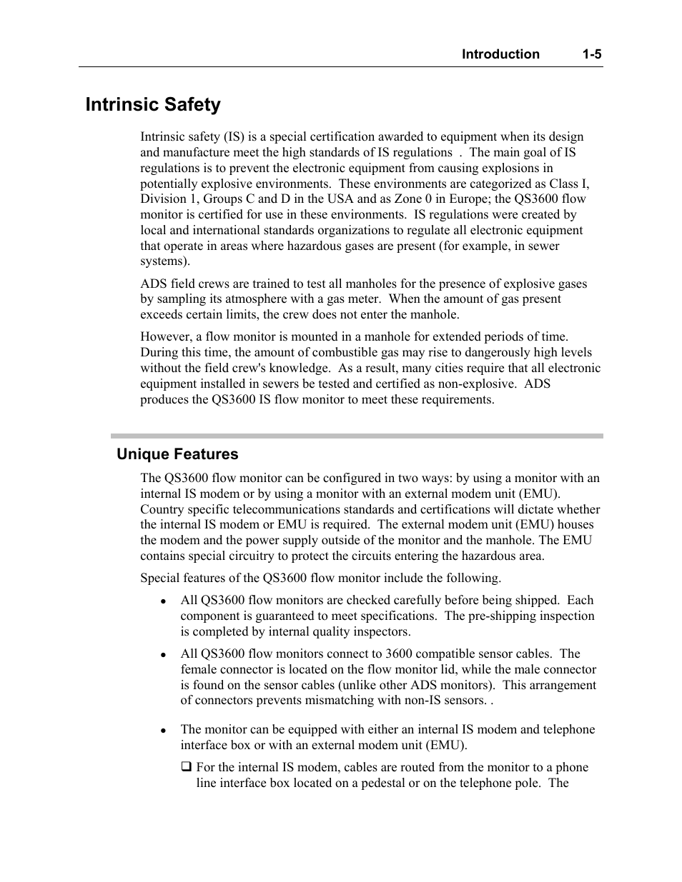 Intrinsic safety, Unique features, Intrinsic safety -5 | Unique features -5 | ADS Environmental Services Model 3600 530002 A2 User Manual | Page 10 / 133