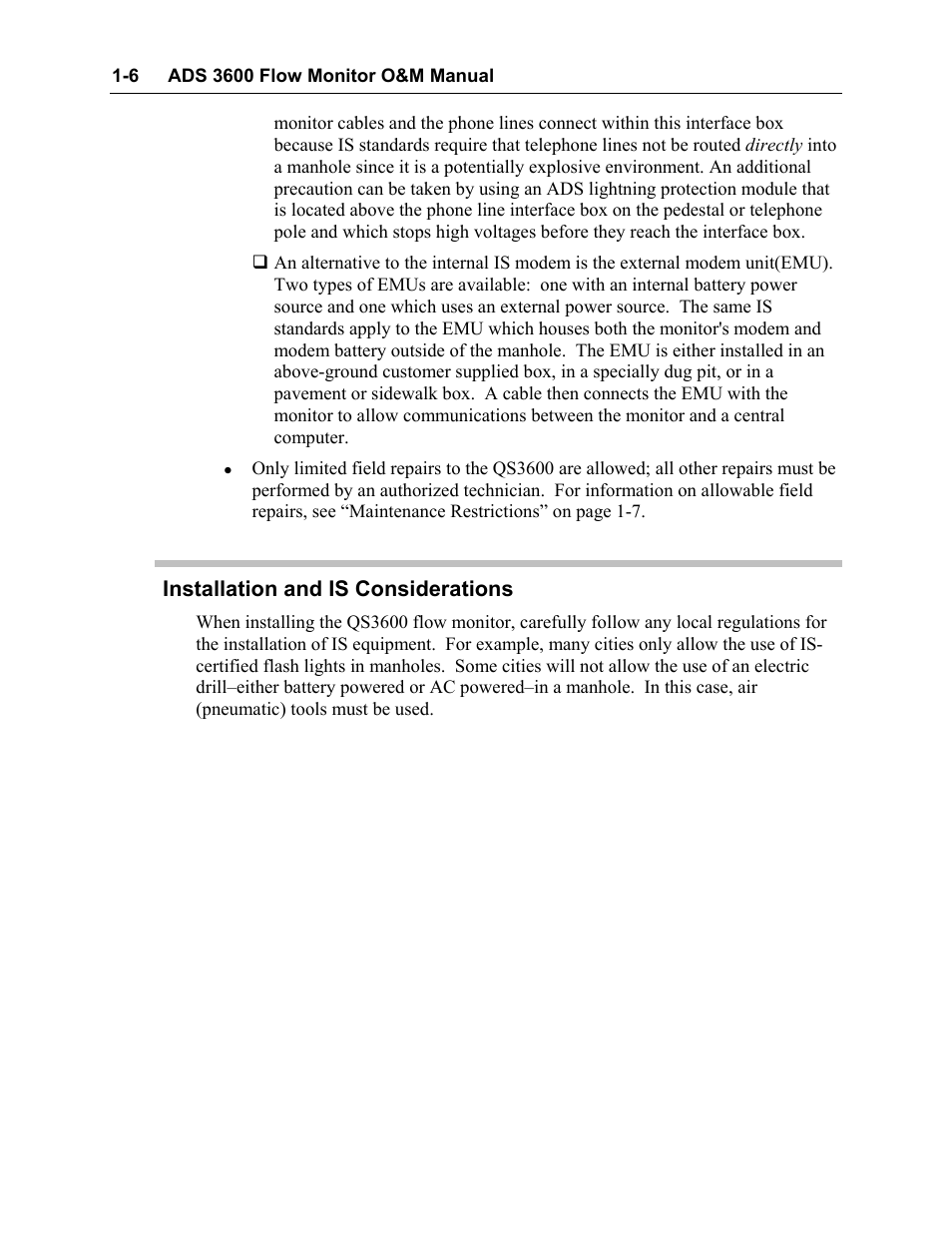 Installation and is considerations, Installation and is considerations -6 | ADS Environmental Services Model 3600 530002 A2 User Manual | Page 11 / 133