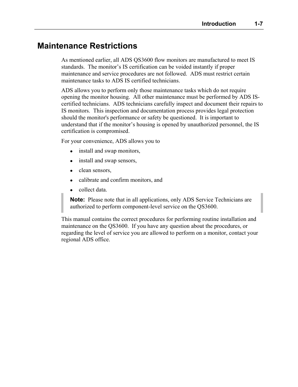Maintenance restrictions, Maintenance restrictions -7 | ADS Environmental Services Model 3600 530002 A2 User Manual | Page 12 / 133
